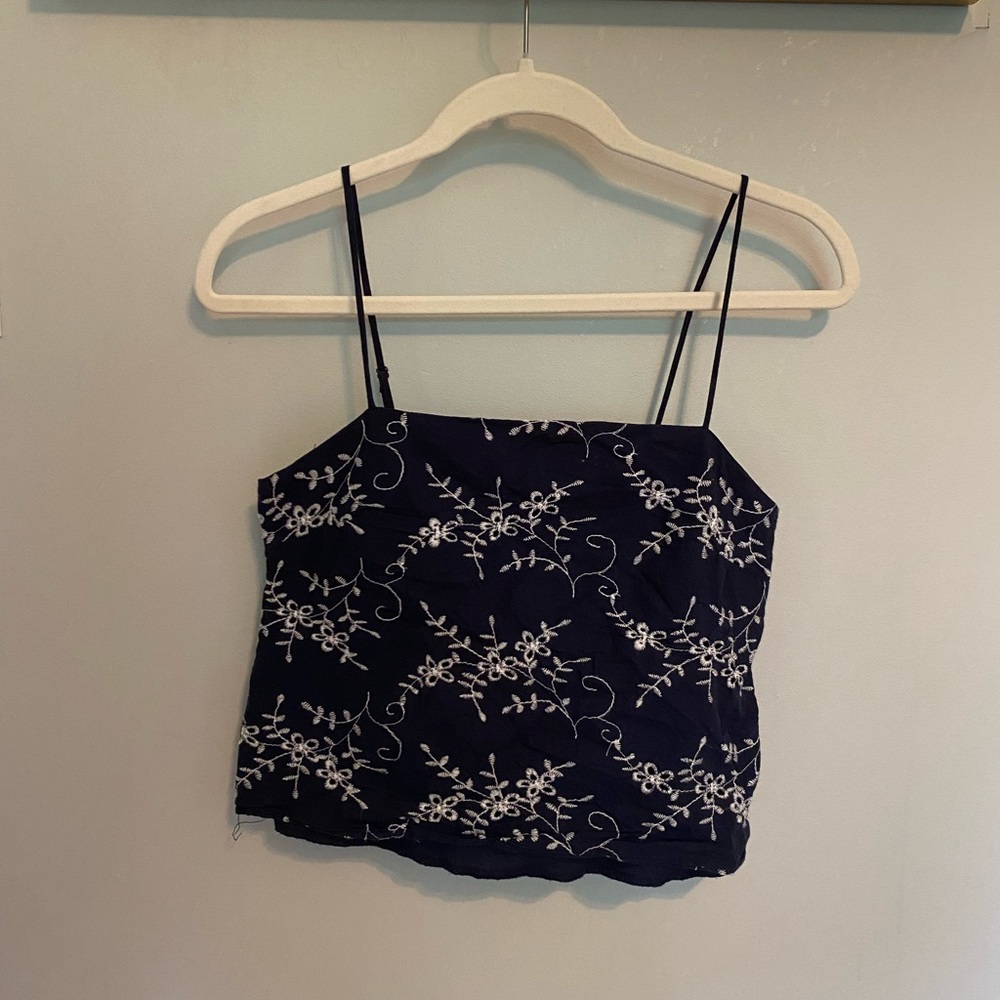 Floral Embroidered Navy Blue Spaghetti Strap Top